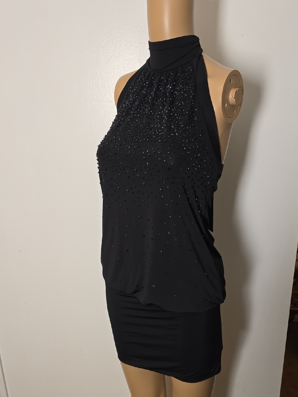 Black Beaded Halter Mini Dress - Medium